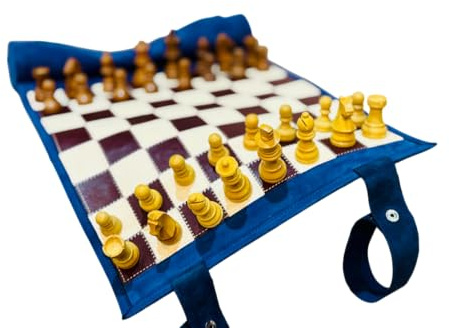 Melia Outlet Magnetisches Schach – Rollbares Luxus-Schachspiel aus Echtleder (B-Ware oder Restposten) | Handgefertigtes Reiseschach mit Holzfiguren - Les Bleus