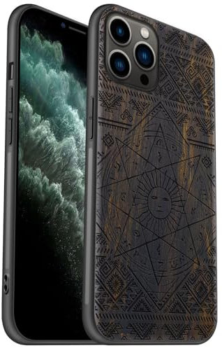 Carveit Coque en Bois pour iPhone 11 Pro Étui Protection Artistique Cover TPU Souple de téléphone Antichoc Compatible avec Apple 11 Pro Etui (Bois Sombre-Le Soleil au Sein de Octogonale)