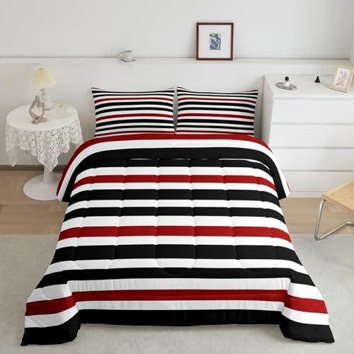 Juego de edredón infantil a rayas rojas, negras y blancas, juego de ropa de cama moderno para mujeres y niñas, edredón simple y moderno, juego de edredón acolchado para niños, colección de dormitorio,
