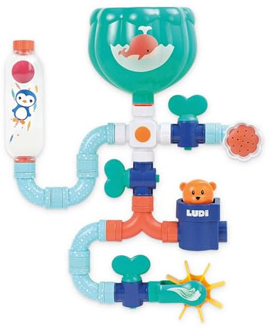 Ludi - Tuyaux d'eau XXL - Jeu De Construction Aquatique - Grand Circuit - Dès 18 Mois - pour Occuper Bébé Pendant Son Bain - Imagination Et Dextérité - 16 Pièces Interchangeables - Fixation Ventouse
