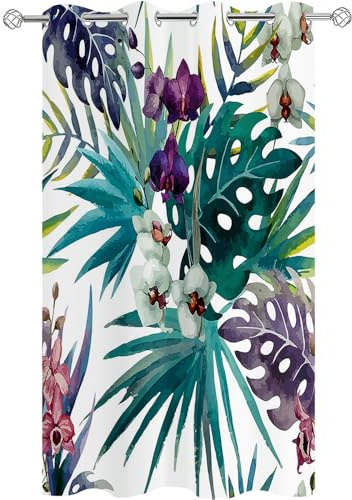 Hiseng Cortina de Exterior con Ojales, Cortina Impermeable con Estampado Monstera Planta Verde Tropical para Porche, Pérgola, Jardín, Puerta Corredera, Cenador - 1 Pieza (132x213cm,Falenopsis)