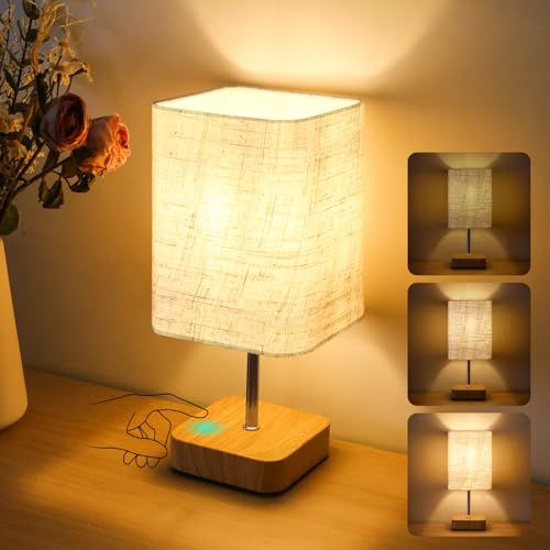 Totofac Touch Bedside Table Lamp, Dimmable Touch Control Nightstand Lamps,Small Lamp Wood Base Beige Flaxen Fabric Shade for Bedroom,Living Room,Office,Dimmable Bulb Included (1, Wood)