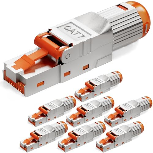 HB-DIGITAL 8 conectores RJ45 CAT 7 para cables de instalación Ethernet LAN rígidos – sin herramientas se pueden montar en el campo STP completamente apantallado con contactos dorados de 50µ, conector