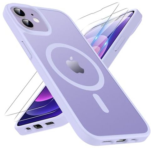 TQIAHF Magnetic Phone Case Cover for iPhone 12 / iPhone 12 Pro,Purple | with 2 Tempered Glass Screen Protector Compatible with MagSafe Military Grade Shockproof Protective Slim Translucent Matte