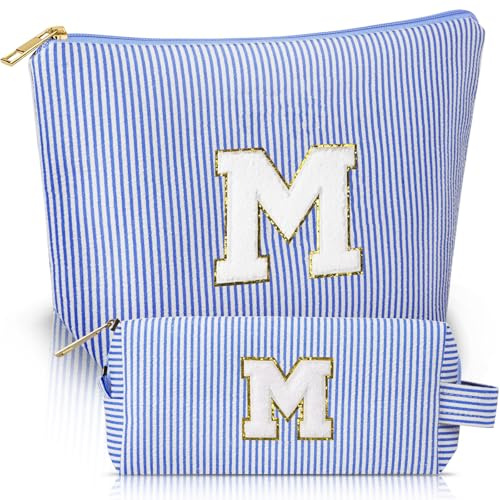 Aucuu Kosmetiktasche Damen, 2 Stück Initialen Make-up-Tasche, Cord-Reise Schminktasche, Reise Kulturbeutel, Tragbare Makeup Bag, Personalisierte Geschenke für Frauen Mädchen, Kosmetiktasche mit M