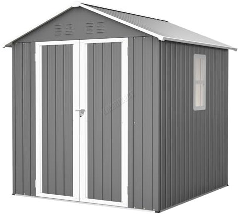 BIRCHTREE Garden Shed Steel Apex Roof House Outdoor Backyard Storage With Lockable Double Doors Window Free Foundation Tool Equipment Organizer Air Vents 6x6FT Grey