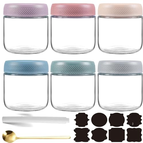 CNKHDZ 4 stycken små glas med lock över natten havregrynsgröt förberedelse sallad mat flingor snack behållare pudding yoghurt lagring förseglingsbara glas (vit,rosa,blå,grön,lila,röd, 6 stycken/300ML)