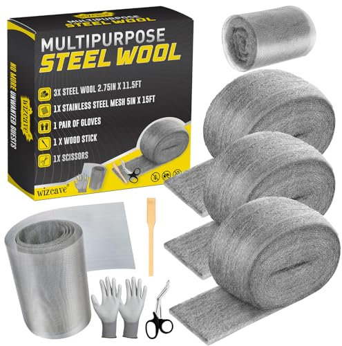 Wizcave Steel Wool Mice Control - 3 Pack 2.75 in x 11.5 Ft Steel Wool & 1 Pack 5 in x 15 Ft Wire Mesh with Wooden Stick & Gloves & Scissors, Mouse Hole Filler for House Garden Polishing Chrome, Glass