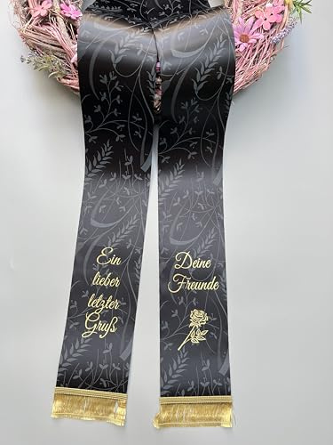 (9 Farbe Auswahl) SuperSatin Trauerschleife in Maiglöckchenmuster mit Text personalisiert, Grabsgesteckband bedruckt nach Wunschtext, Urnen- Grabstrausschleife, Kranzschleife (Schwarz, 100mm)