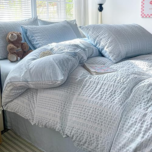Guchuang Bedding Blue Seersucker Duvet Cover Set King Size | 3-Piece Microfiber Bedding Set - Wrinkle-Resistant & Lightweight Design with Hidden Zipper 220x230cm