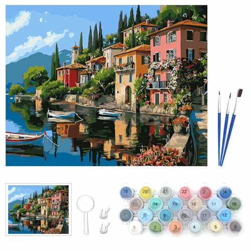 wonloong Sea View Adult Paint by Numbers Kits -HD Canvas + Acrylic Paints Set with Free Magnifying Tool & 5 Professional Brushes - Home Wall Decor 16x20 Inch - Without Frames