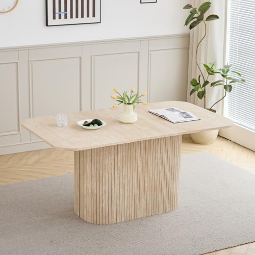 GrandCA HOME Rechteckiger Esstisch mit Abgerundeten Ecken, Moderner Küchentisch aus Holz, 160 cm, Rechteckiger Holzfuß, Große MDF-Arbeitsplatte, für 4–8 Personen, Gelber Travertin