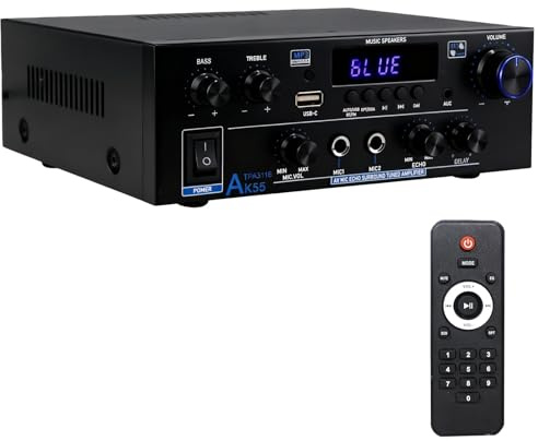 AK55 Amplificatore HiFi Mini Bluetooth 5.0 Stereo Amplifier 2.0 Canali 70W X 2 Audio Amplificatore Digitale Amplificatore con radio FM, telecomando, Opt/AUX/RCA/USB/MIC/BT