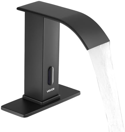VEVOR Robinet Automatique sans Contact, Mitigeur Lavabo Cascade à Capteur de Mouvement, Mélangeur d’Eau Chaude et Froide avec Plaque de Protection, pour Tuyau 9,5 mm, Bar Cuisine Salle de Bain, Noir