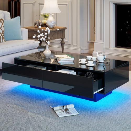 EURHCIO Table Basse Salon Noir 55x115x34 cm,Coffee Table D'appoint,Meuble Bas Rangement avec 2 tiroirs,Éclairage LED et Capacité de Charge de 30 kg,pour Salon(A-Noir)