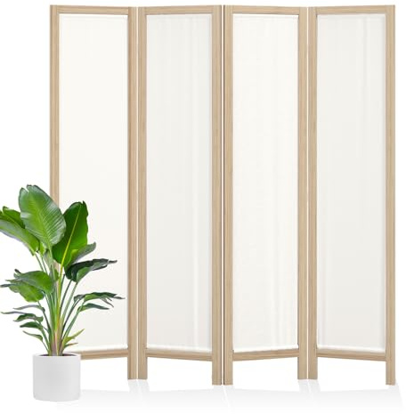 Linen Room Divider Privacy Screen, Foldable Wood Frame Partition Room Dividers with Removable Linen Fabric Curtain, Room Divider Panel, Zero Assembly for Home, Office, or Studio Natural 4 Panel
