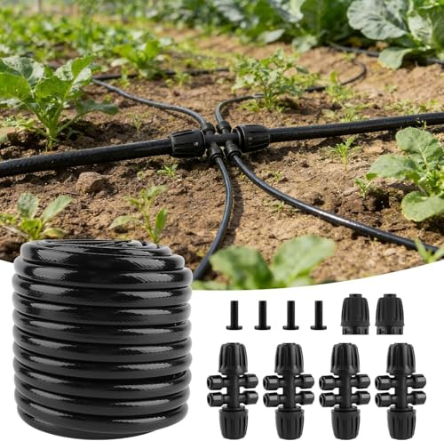 Rolcoassuns 15M 1/2 Drip Irrigation Tubing Kit, Drip Line Irrigation Hose for Garden Irrigation System, Black PVC Blank Distribution Tubing（Includes 6-Way Connector, 1/2 and 1/4 End Plug）