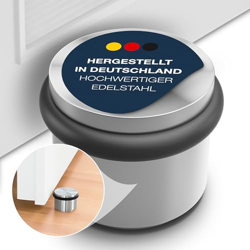 Türstopper zur Bodenmontage, massiver Edelstahl, Ø3,4 cm, Höhe 2,4 cm, Abstandshalter Türpuffer, Wandschutz, Bodenbefestigung, Bodentürstopper Gummiring, Made in Germany - PHOS Design