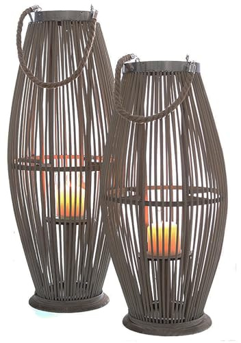 Annastore Laterne aus Bambus mit Henkel und Glaszylinder H 40 bis 74 cm - Bambuslaterne Windlicht aus Bambus Gartenlaterne Größe H 74 cm
