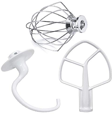 Accessoires d'aide au mixage comprenant un batteur plat revêtu K5AB, un crochet à pâte K5ADH pour mélangeur sur pied de cuisine et un fouet métallique K5AWW Parfait pour les mélangeurs de cuisine de 5