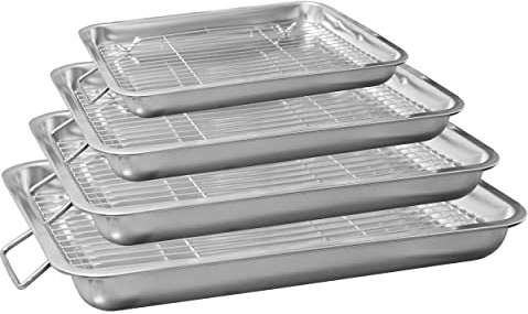 New 4 Pcs Professional Stainless Steel Roasting Trays with Removable Rack Pan Kitchen Cooking Baking Sturdy Handles Built to Last for Years Oven Roasting Pan with Grill