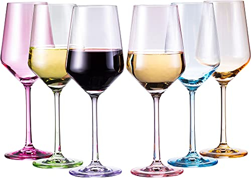 Colored Crystal Wine Glass Set of 6, Large Stemmed 12 oz Glasses, Great for all Occasions & Special Celebrations, Unique Italian Style Tall Drinkware for Red & White Wine