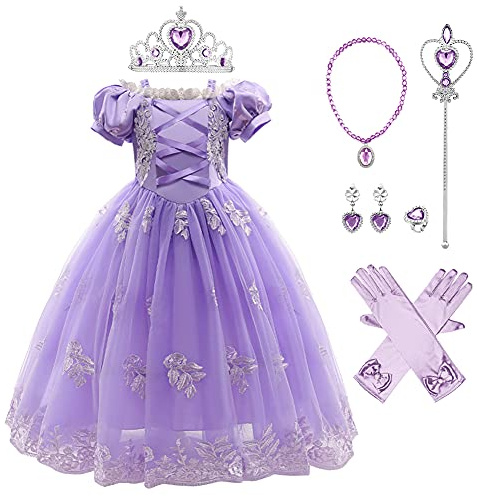 IWEMEK Filles Raiponce Costume Princesse Robe Longue en Tulle + Accessoires Ensemble Conte De Fées Cosplay Halloween Carnaval Costume Noël Anniversaire Fête Enfants Déguisements Violet Set 9-10 Ans
