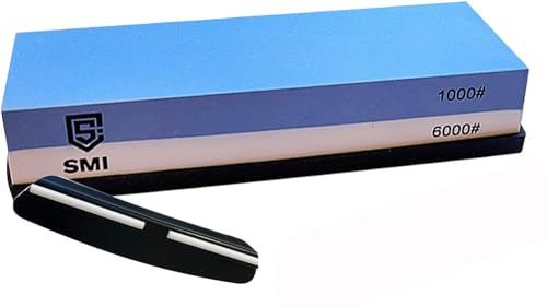 SMI - Schleifstein Schleifhilfe Wetzstein Abziehstein Schärfstein Messerschärfer Körnung 1000/6000 Gratis mit Silikonhalter und Winkelführung für Messer