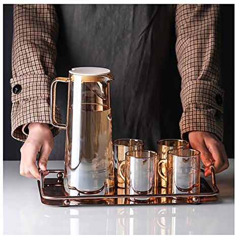 FXNFXLA Juego De Jarra De Agua De Vidrio Marrón ámbar Vintage, Incluye Jarra De Vidrio De Borosilicato Retro Resistente Al Calor Grueso, Tapa Hermética Y 4 Vasos De Cristalería