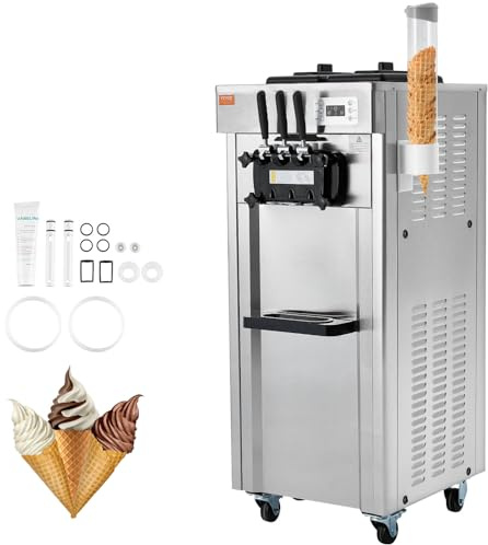 VEVOR Kommerzielle Eismaschine Eiscreme-Maschine 21–31 L/h Freistehende Softeismaschine mit 3 Geschmacksrichtungen, 2 x 4,3 L Edelstahlbehälter, LED-Panel, Automatische Reinigung, Kühlung über Nacht