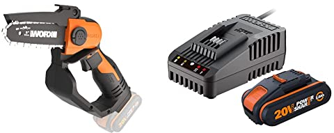 WORX WG324E.9 Akku-Einhand-Astsäge 20V - 12cm Schwertlänge - ohne Akku und Ladegerät & WA3601 PowerShare Akku mit Ladegerät Set - 20V 2000mAh Li-Ion Akkubatterie & Akku Ladestation