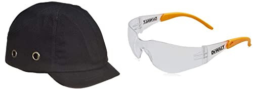 Portwest Short Peak Bump Cap, Size: One Size, Colour: Black, PW89BKR & DEWALT DPG54-1D PROTECTOR Clear High Performance Lightweight Protective Safety Glasses With Wraparound Frame -Yellow/Clear