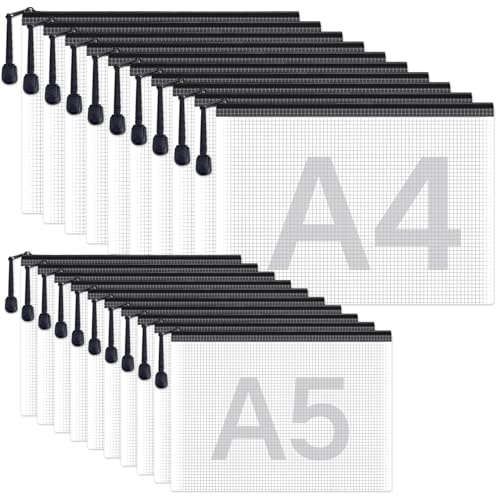 Ouprisks 20 Stück Dokumententasche A4+A5, Mesh Kunststoff Dokumentenmappe mit Reißverschluss, Transparente Wasserdichte Zipper Beutel, Für Dokumente, Hausaufgaben, Papier, Kosmetika und Reisezubehör