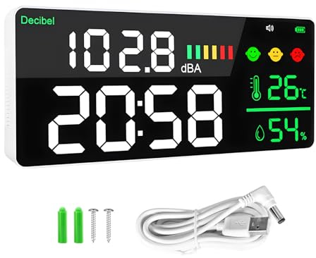 Dezibel Messgerät, 4-in-1 für Geräusch, Zeit, Temperatur und Feuchtigkeit | Digitales schallpegelmessgerät zur wandmontage, LED-Farbdisplay, 30-130 Dba, Schallpegelmesser Büro, Fabrikhalle, Krankenhaus
