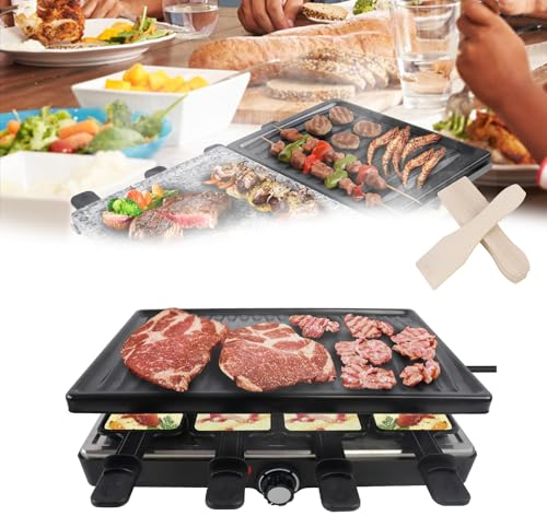 HENGMEI Raclette Grill elettrico da tavolo in acciaio inox con padella, piastra antiaderente e pietra naturale per 8 persone, max. 1400 W, colore nero