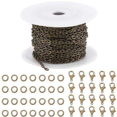 SUNNYCLUE 32.8 Fuß/10 m Ketten In Antik Bronze Schmuckkettenrolle Strukturierte Kabelkettenspule 5x3.5 mm Kettenglieder Panzerkette 20 Karabinerverschlüsse 50 offene Biegeringe Zur Schmuckherstellung
