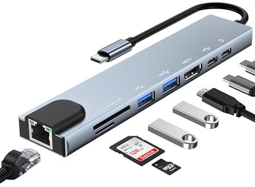 USB C Hub with Ethernet Adapter, 8 In 1 USB C Multiport Adapter with 100W PD, 4K HDTV, USB 3.0/2.0, Type C Port, SD/TF Card Reader, USB c Adapter for iPhone 15, MacBook, iPad, Samsung, Surface, etc