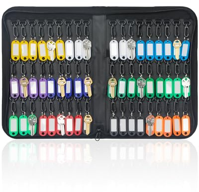 Uniclife Porte-clés portable à fermeture éclair Organisateur clés résistant à l'eau au feu avec 54 étiquettes clés colorées et crochets Livre rangement des clés les bureaux Agences immobilières Hôtels