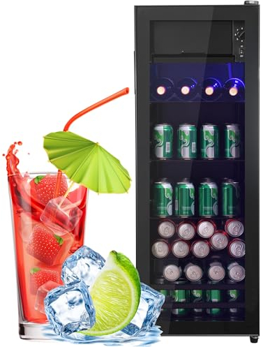 RCBDBSM Mini Frigorífico 128L con Puerta de Cristal Silencioso 43dB, Nevera para Bebidas con Iluminación LED, Nevera para Botellas, Mini Nevera 0-10°C para Mini Bar, Fiesta, Oficina y Hotel, Negro