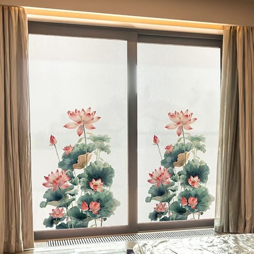 Milchglasfolie Minimalistischer Lotus Grün Fensterfolie Blickdicht Fenster Sichtschutzfolie Selbstklebend Fenster Milchglasfolie Fenster Sichtschutzfolie Fenster Folie für Fenster 60x116cm/4 Pcs