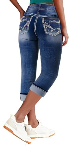 Flamingals Caprihose für Damen, dehnbar, bauchfrei, mittelhohe Taille, gerades Bein, lässig, Capri-Jeans, kurze Denim-Hose, Rollsaum, Saphir, dunkel, X-Groß