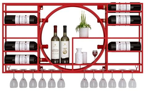Weinregal Wand Metall Flaschenregal Schmal Wine Rack Bar Regal Wand Weinschrank Hausbar Barschrank mit Weinglashalter Weinständer Getränke Regal Vitrine Hängend für Esszimmer Bartheke Wohnzimmer(Rosso