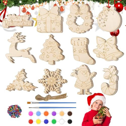 Weihnachtsschmuck aus zum Bemalen,Holzschmuck zum Basteln, 60 x Anhängerornamente, Weihnachtsbaumschmuck, Feiertagsdekorationen mit Pinseln, Palettenglocken, Seilen, weihnachtliches Holzhandwerk