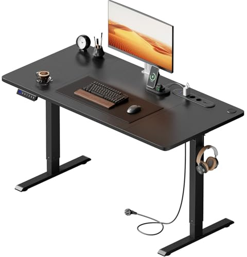 HLFURNIEU Elektriskt stående skrivbord, 120 x 60 cm, höjdjusterbart bord, med integrerat uttag, USB-port, 3 minnesvärda positioner, svart