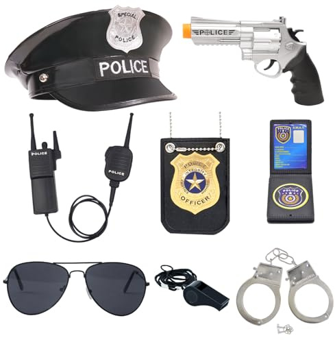 ZUCOS Polizei Kostüm Kinder, Polizist Handschellen Sonnenbrille Abzeichen Detective Cop Swat Rollenspiel Zubehör Halloween Party Kostüm (B, Medium)