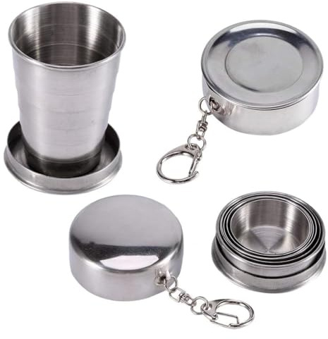 KEQAR 2 pièces Tasse Pliable Portable en Acier Inoxydable, Télescopique Avec Porte-Clés, Coupe Rétractable, Gobelet Pliable Réutilisable Pour Camping, Randonnée, Voyage en Plein Air (75ml)