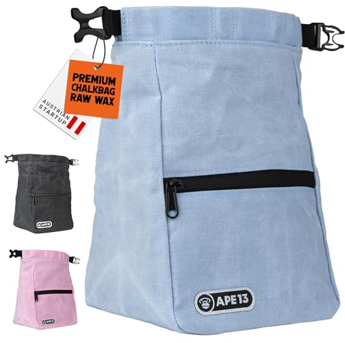 APE13® Chalkbag Bouldern in 3 Farben – Robuster Magnesiabeutel mit Rolltop & Magnetverschluss – Chalk Bag groß mit Bürstenhalter & Reißverschlusstaschen – Kletter & Boulder Zubehör (Sky Blue)