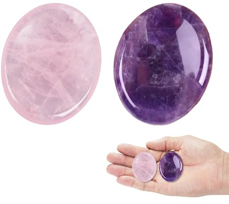 2Pcs Oval Amethyst and Rose Quartz Worry Stone, Oval Amethyst Crystals, Healing Crystals Gifts for Women Heart Meditation Polished Reiki Balancing