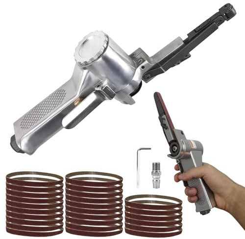 Luftbandschleifer 10mm, Druckluft Bandschleifer, Bandschleifer Pneumatisches Polierwerkzeug Stationaer 330 * 10mm, Mini Schleifmaschine für Holz, mit 25 Schleifbändern Ersat