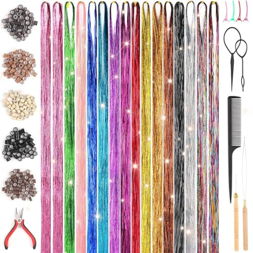 Druuzyl Kit de 16 Couleurs Paillettes pour Cheveux 48 pouces, Kit de Guirlandes à Cheveux à Paillettes avec Outils, Kit Extension de Cheveux Colorés, Accessoires de Fête pour Femmes Filles et Enfants